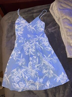Soprano Blue Floral A-Line Midi Dress with White Print